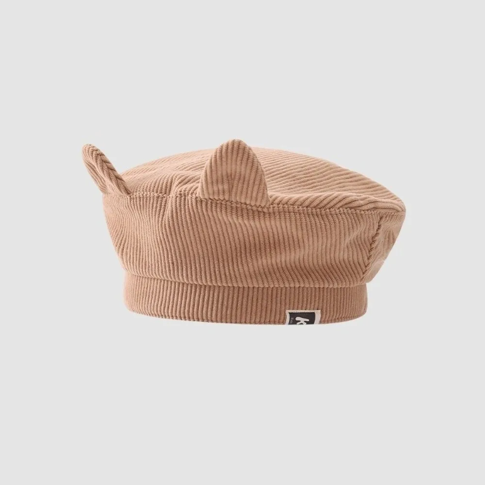 Topi Baret Kawaii Lucu Bahan Corduroy Korea Model Flat Top dengan Telinga Kucing untuk Anak Laki-laki dan Perempuan, Topi Lidah Bebek Manis untuk Musim Semi dan Gugur