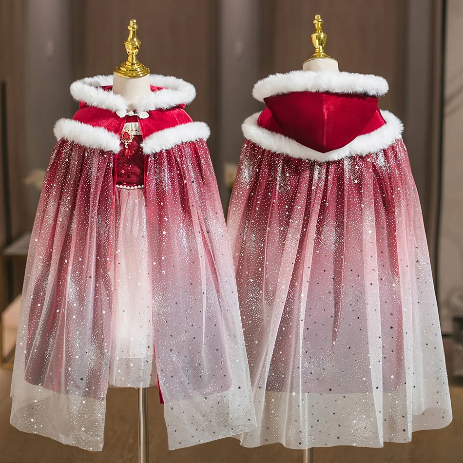 

Детский карнавальный костюм для девочек: бархатный плащ принцессы, одежда для малышек, накидка с капюшоном и пайетками для Хэллоуина, костюм эльфа