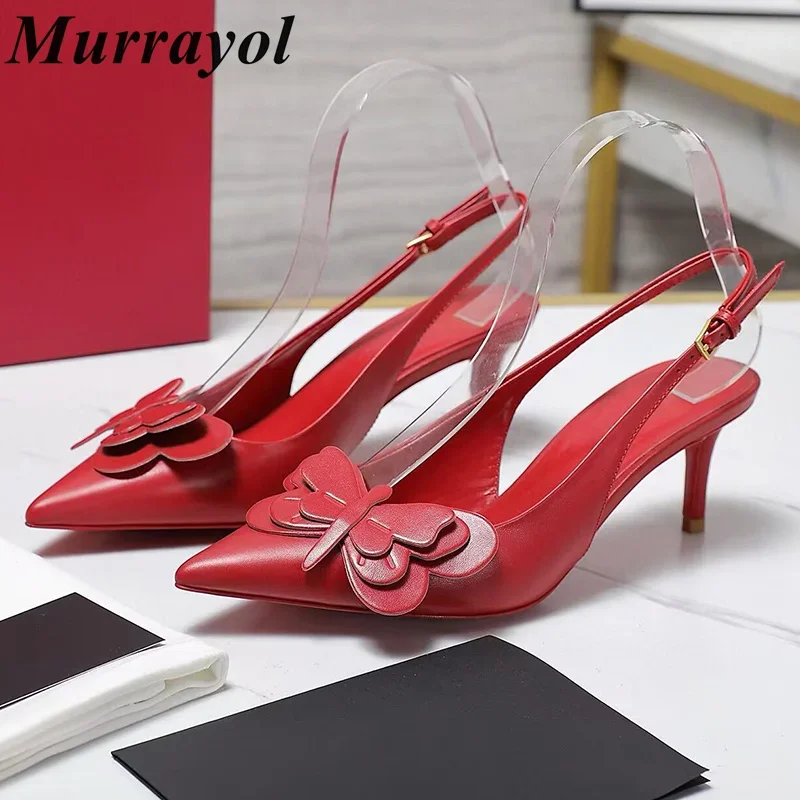

New Butterfly Decor Thin Heels Sandalias Women's Pointed Toe Genuine Leather Sandals Summer Party Dress Shoes Wedding Shoes