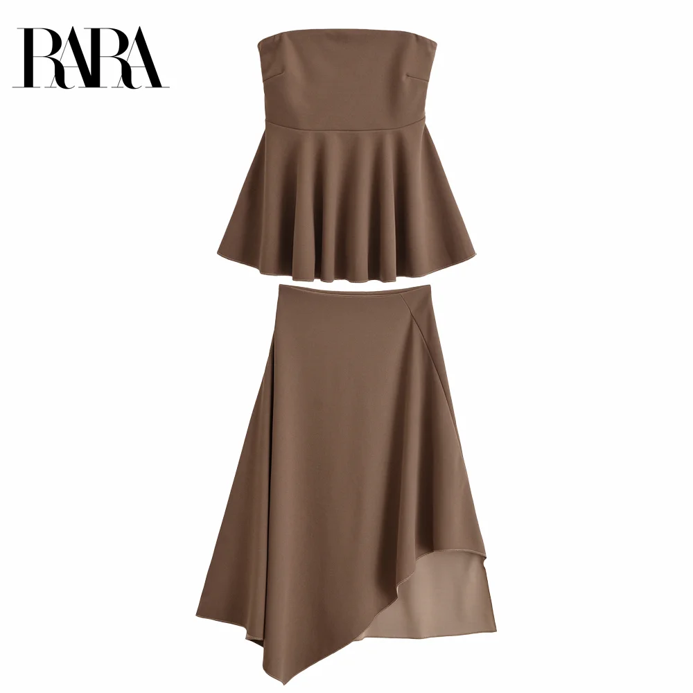 

RARA Women's Summer New Ruffle Hem Sleeveless Strapless Cami Top Plus Asymmetric Mid Length Stylish Midi Skirt