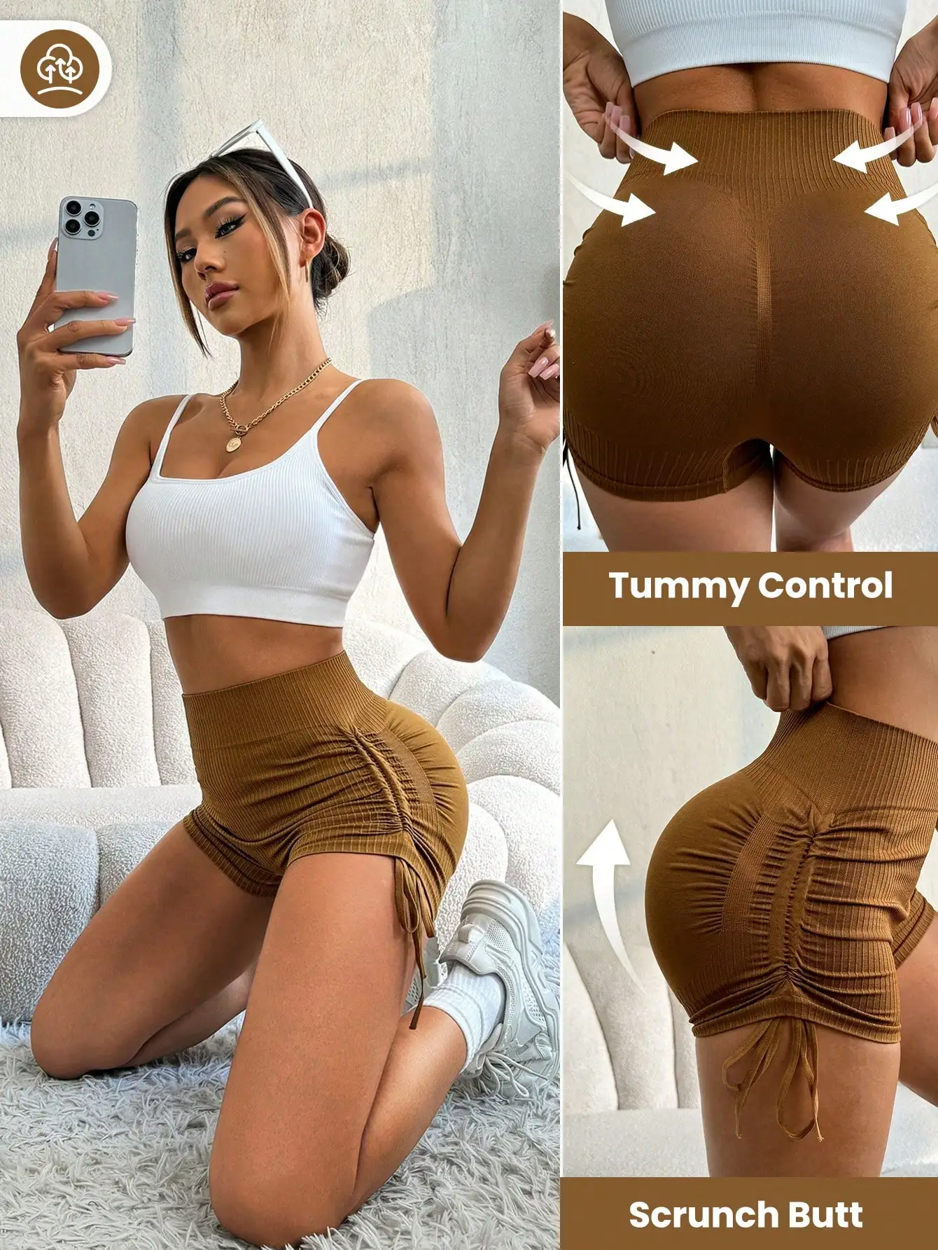 High-Waisted Seamless Short Length Sports Leggings Shorts - Slight Stretch, Frill Detail, - Ideal for Yoga and Fitness