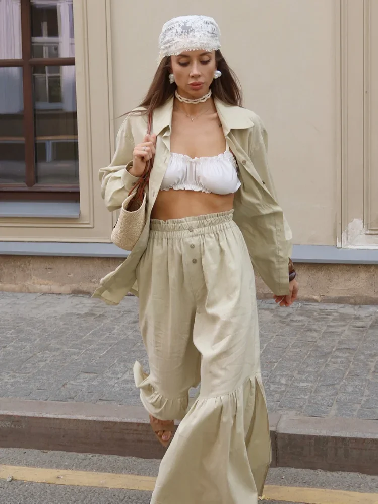 

Street Solid Loose Women 2 Pcs Suits Lapel Long Sleeve Single Breasted Shirt High Waist Flare New Autumn Wide Leg Trousers Sets