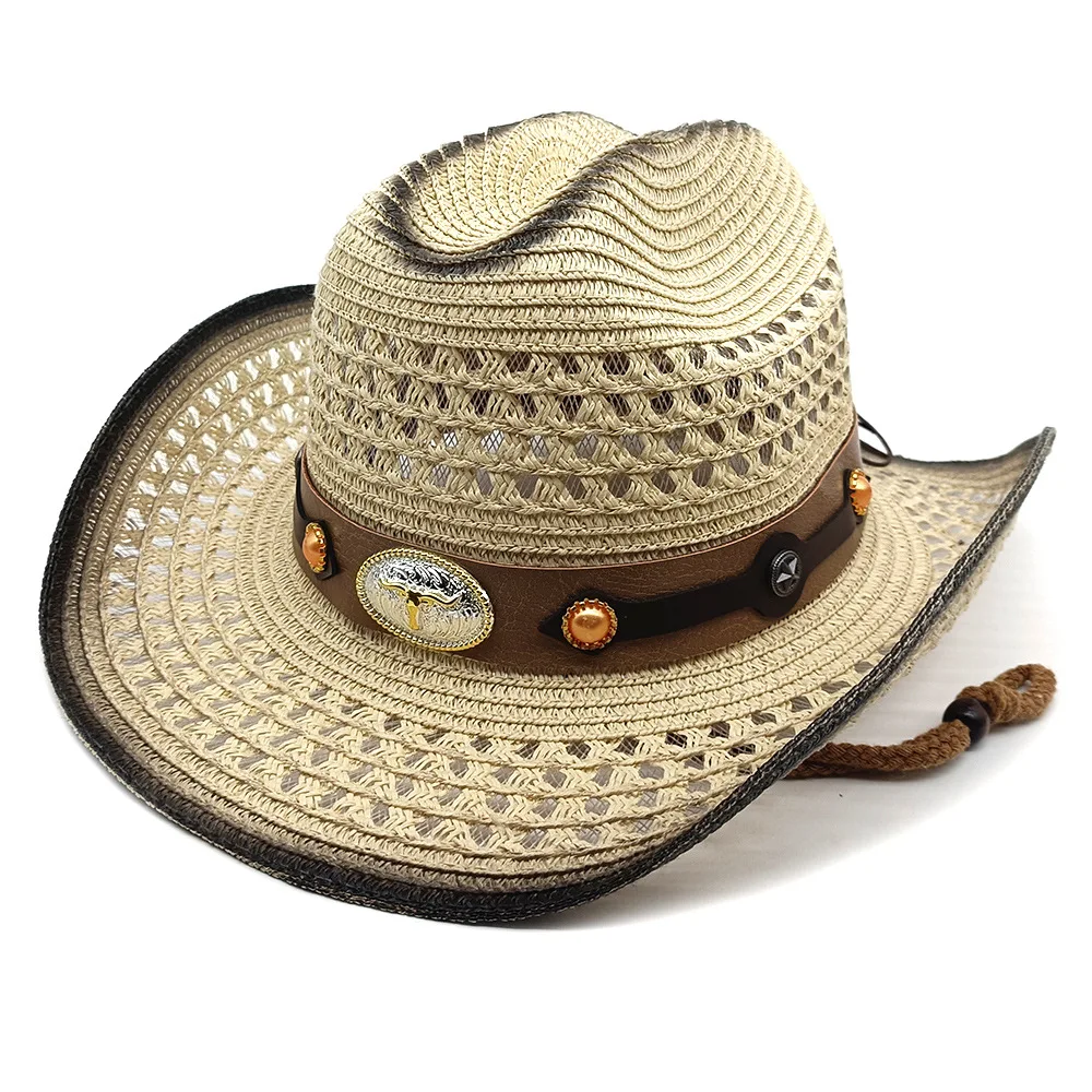 Retro zomer strohoed Western cowboyhoeden Verstelbare zomerstrandzonbescherming Zonnekap voor mannen en vrouwen Trekkoord