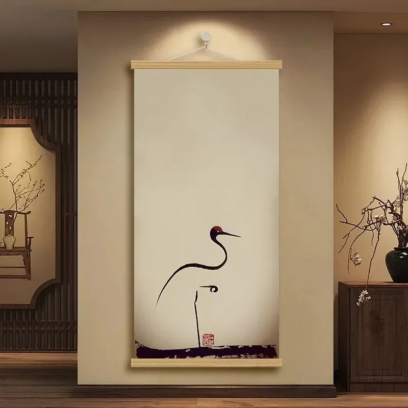 Chinese Ink Painting Hanging Scroll Wall Art Crane Bamboo Poster with Wooden Frame, Oriental Zen Decor for Living Room Tea Room