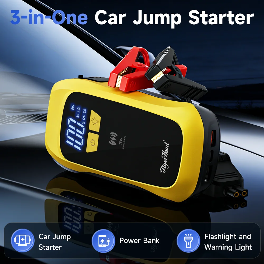 Wholesale 1500A Multi-function High Power 12V Car Jump Starter 12000mAh Portable Power Bank Wireless 15W Charge with Flashlight