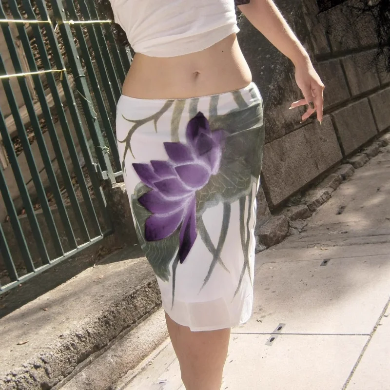 American Vacation Style High Waist Bell Print Slimming Half Skirt Mesh Color Block Versatile mid Length A-Line Skirt