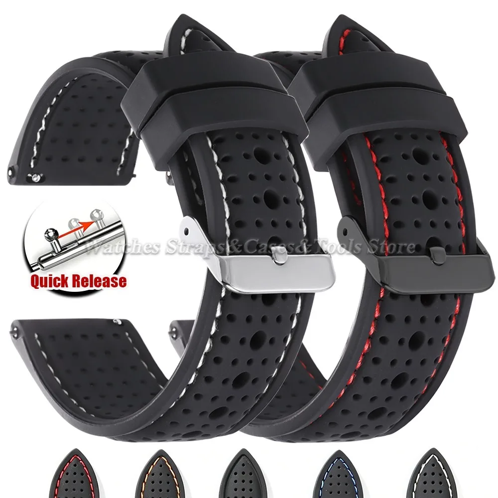 Weiches Silikon-Uhrenarmband, 20 mm, 22 mm, 24 mm, für Herren und Damen, Sport, Gummi, wasserdicht, atmungsaktiv, Schnellverschluss-Armband, Ersatzarmbänder