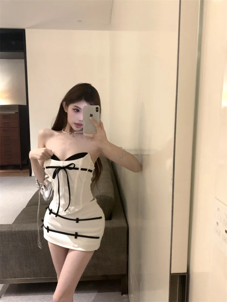 Set Korset Spicy Girl 2 Potong Rok Model Fishbone Tanpa Tali Atasan Wanita Set Musim Panas Rok Bodycon Set Dua Potong