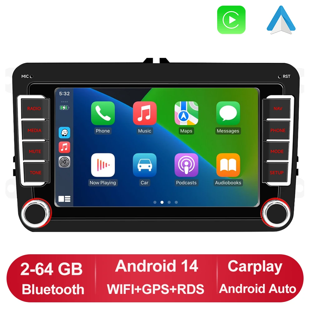GEARELEC 2 DIN autoradio Carplay voor VW Volkswagen Skoda Octavia Golf 5 6 Touran Passat B6 Polo Jetta Android 14 2 Din multimediaspeler Android Auto autoradio