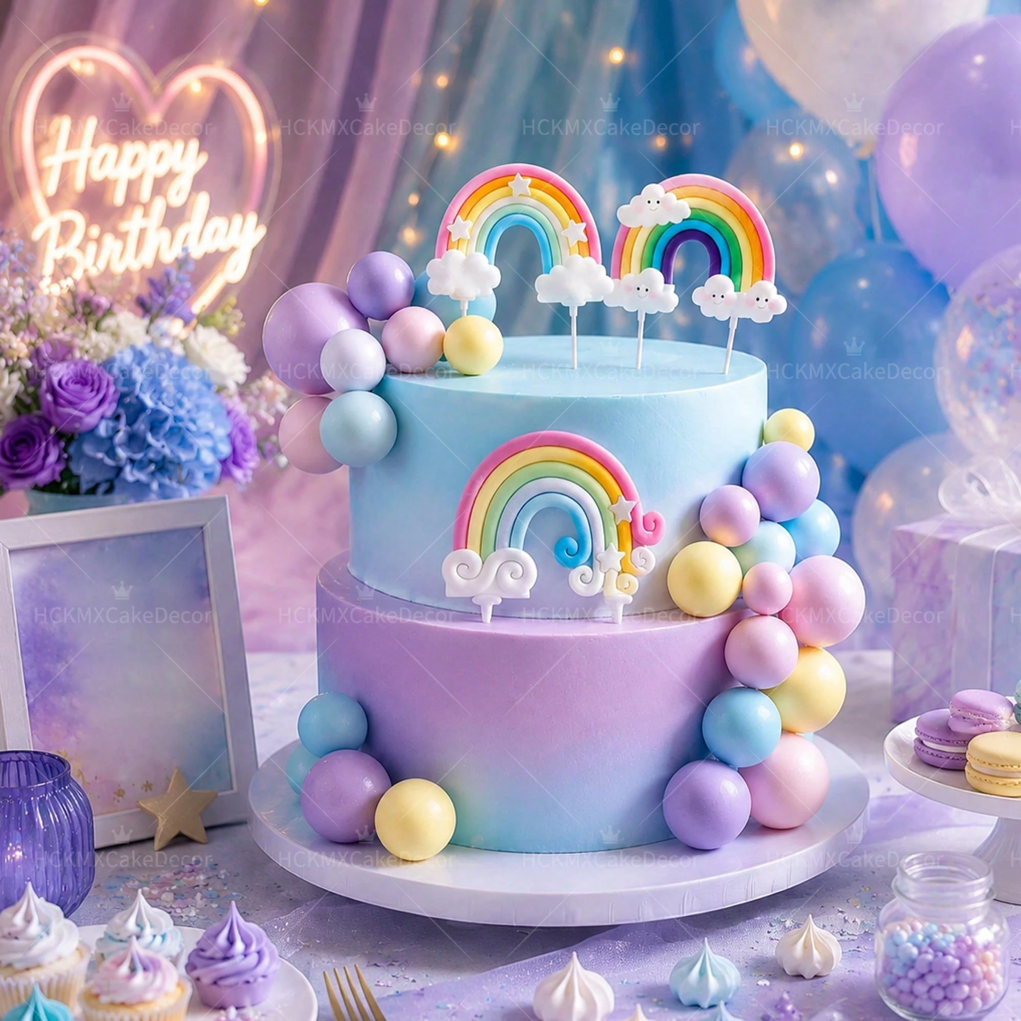 33pcs/set Rainbow Cloud Cake Topper Set Pastel Ball Cake Decor Colorful Star Cake Picks for Girls Birthday Party Cake Decoration