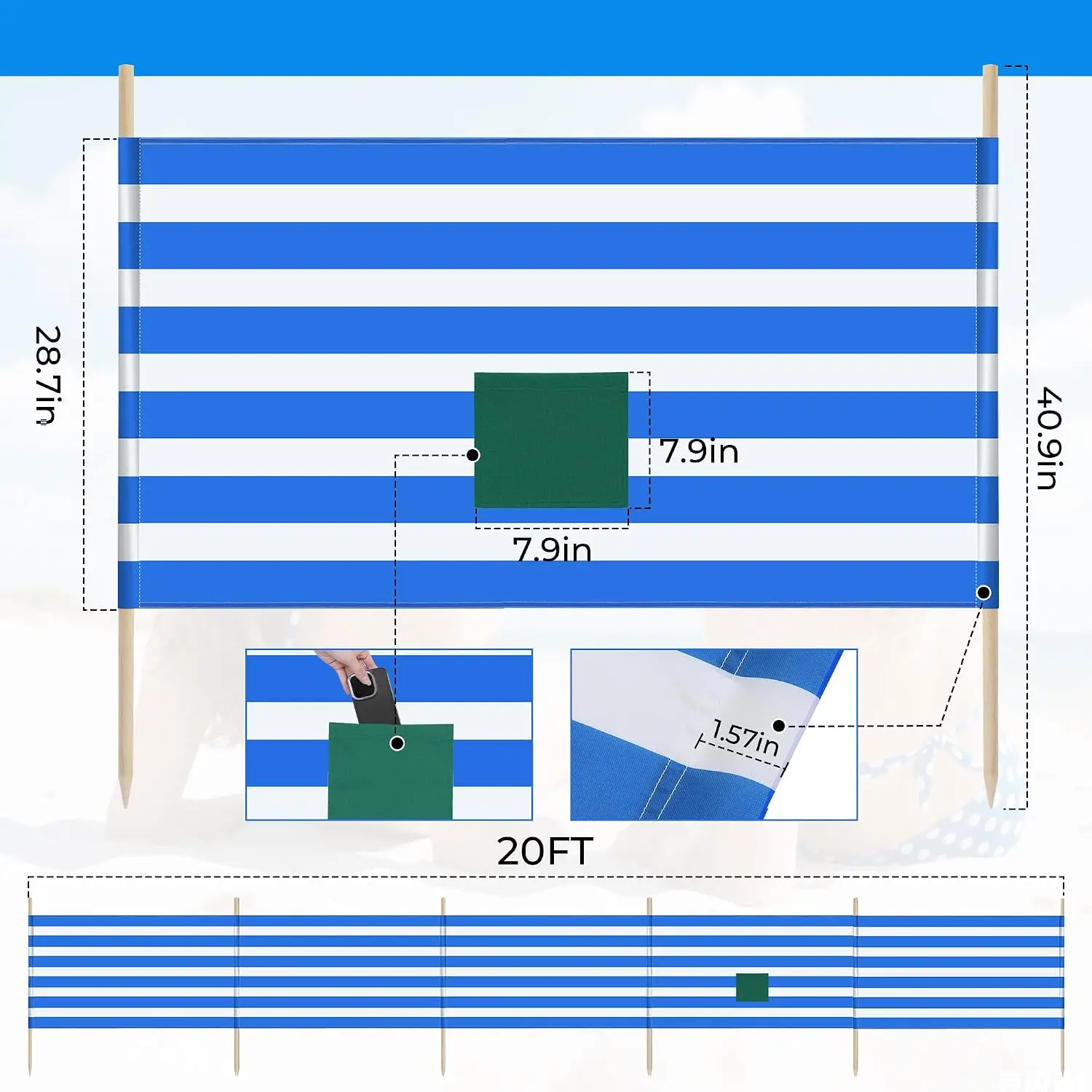 20ft Beach Windscreen Set Blue White Beach Fence Wind Blocker With 6 Hardwood Poles Rubber Mallet Carry Bag Sunbathing Privacy Screen Sand Protection Blue White view 2