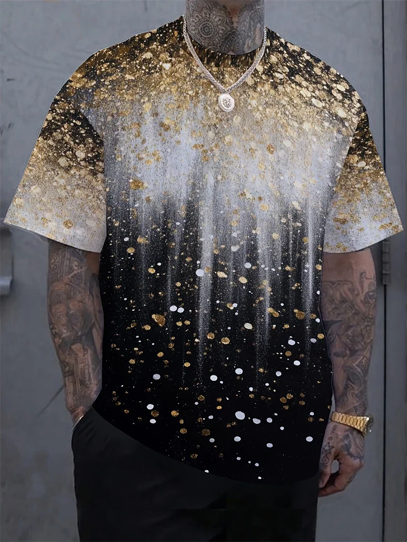 Herren T-Shirt mit schwarzem Gold-Glitzer-Farbverlauf, lässiges Rundhals-Kurzarmshirt, glitzerndes Grafik-Oberteil für Partys und Ausgehen