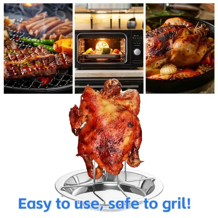 Stainless Steel Chicken Roasting Rack with Fixed Steel Pipe, Foldable Portable Chicken Roasting Stand, Non-Stick Thickened Chicken Roasting Tray Set