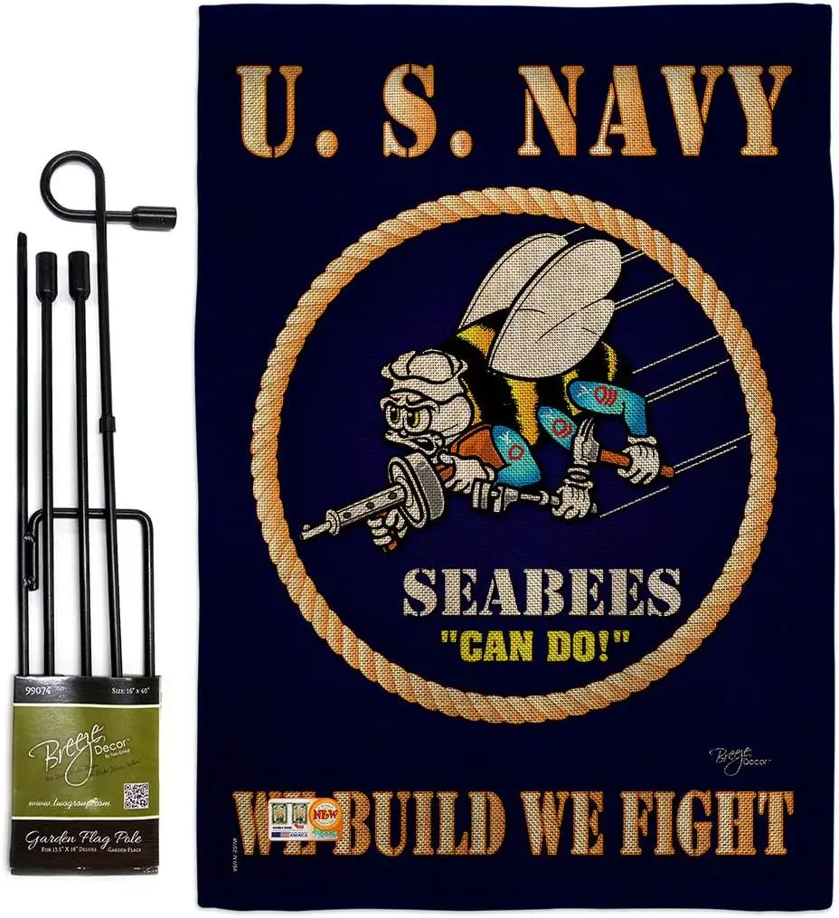 Sea Bees Burlap Garden Flag - Set with Stand Armed Forces Navy USN Seabee United State American Military Veteran Retire Official