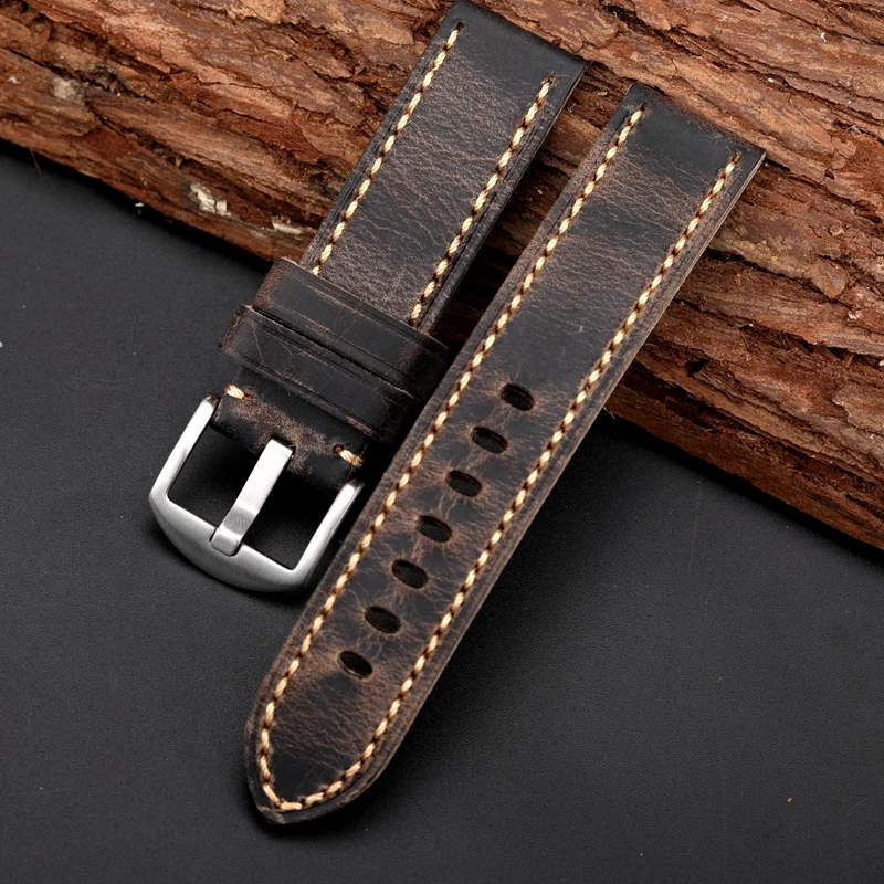 Thick Grey Thickened Leather Strap 20 22 24 26MM  Italian Cowhide with Bronze Watch Strap for Panerai  Watch Band