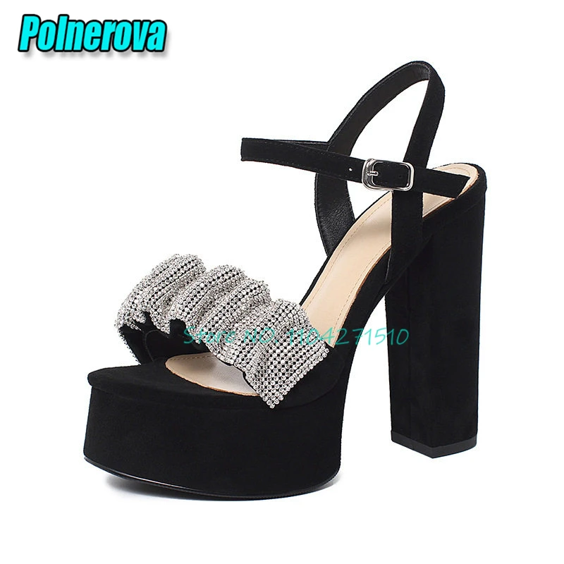 Rhinestone Suede Platform Sandals for Women Fashion Round Toe Ankle Strap Thick High Heels Summer New Banquet Party Dress Shoes