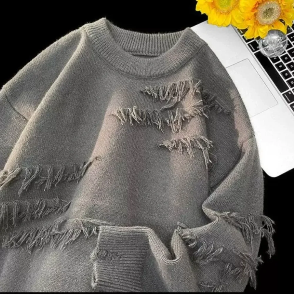 Men Flat Knitted Sweaters Long Sleeve O Neck Pullovers Print Jumpers Loose Fit Casual Sweater 2025 Winter Slight Strech Hole