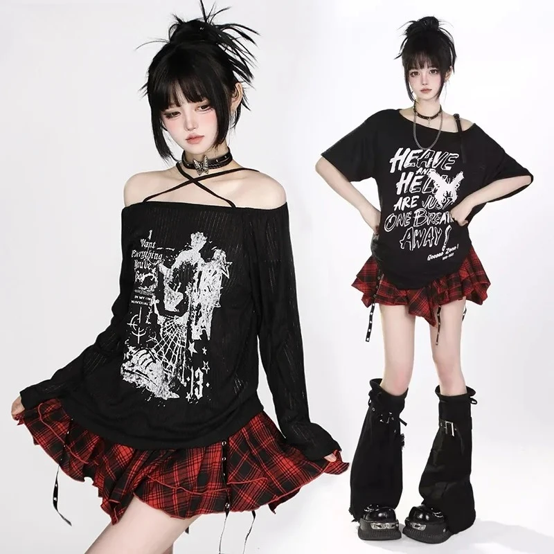 IMU Flowy Ruffle Mini Skirt Leg Warmers Women A-line Plaid Skirt Cross Patched Bandage Boots Cover Dark Punk Streetwear