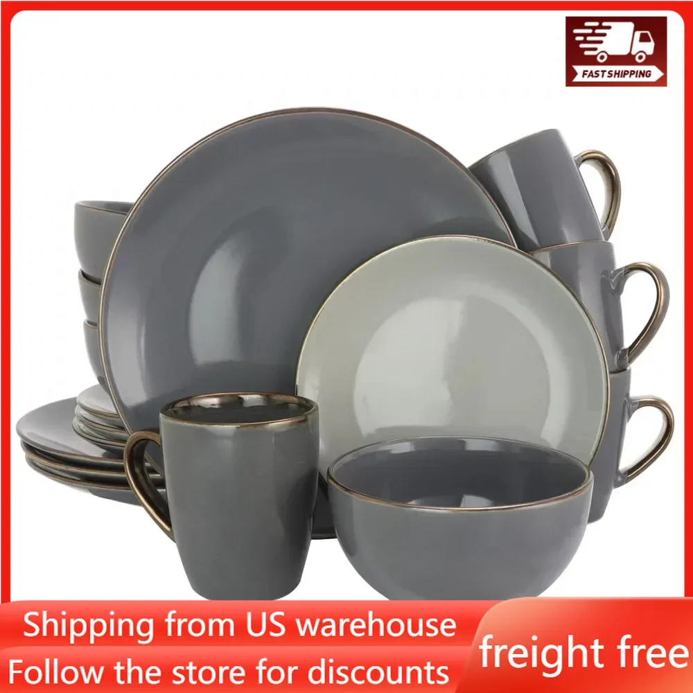 

Food Plate Dinner Set Free Shipping Restaurant Plates 16 Pieces Luxurious Dinnerware Set in Stone Slate Ceramic Dishes to Eat