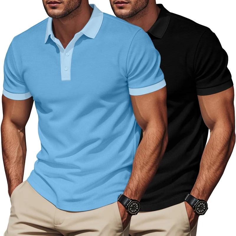 American Summer Waffle Knit Collar Golf Polo 2 Pack, Men Breathable Casual Short Sleeve Tops Wholesale