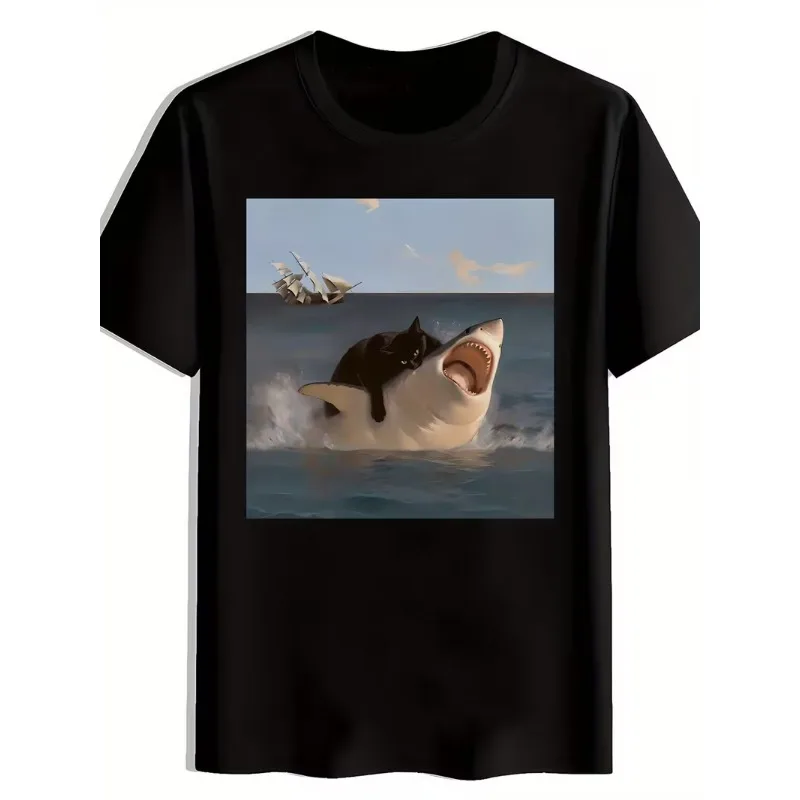 Funny Black Cat Riding Shark Graphic Print T-Shirt Men Women Casual Crew Neck Top Creative Meme Print Summer Streetwear Tee