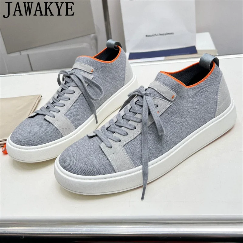 JAWAKYE New Knitted Lace up Sneakers Flat Shoes Men Casual Loafers Shoes Runway Formal Trainers Walk Shoes Man 39-46 Plus Size