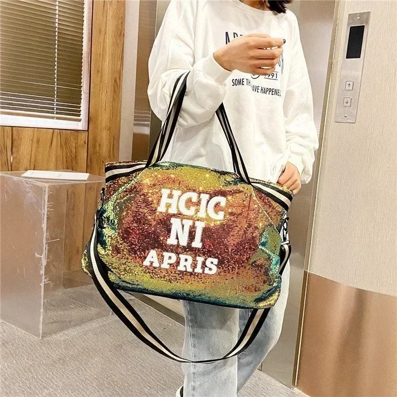 Go Out Travel Bag Women's Crossbody Shoulder New Large Capacity Lightweight Sequin Tote Bag for Short Trips Out Duffel Handbags