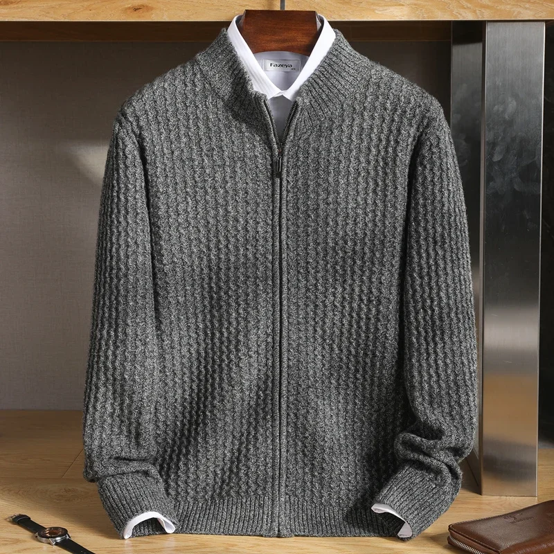 Men's Zipper Mock Collar Thickening Cardigan Merino Wool Flower Yarn Sweater Cashmere Knitwear Autumn Winter Coat Tops