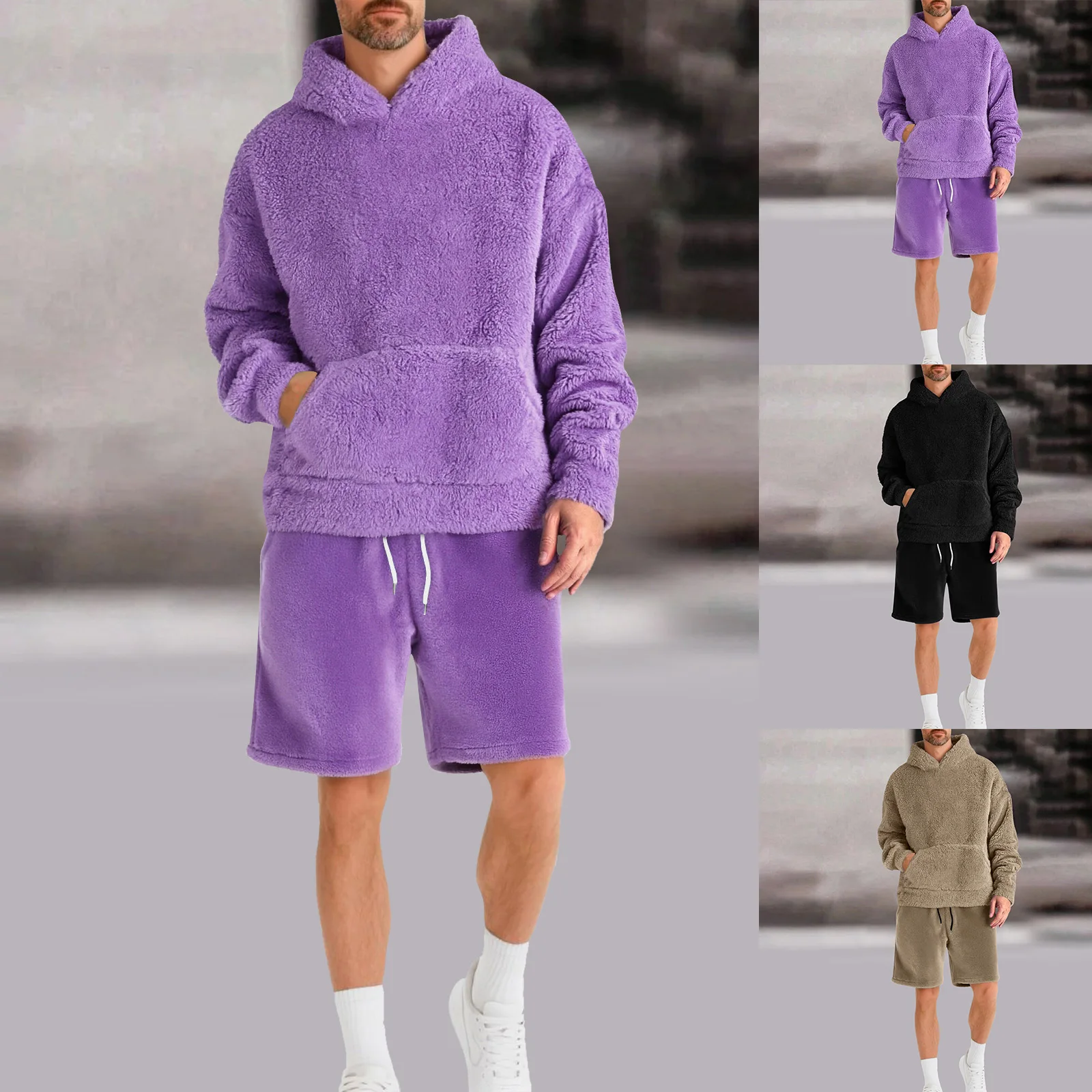 

Party Suits Men Men's 2 Piece Tracksuit Sets Fleece Fuzzy Hooded Sweatshirt And Shorts Suit Travel Bag for Men