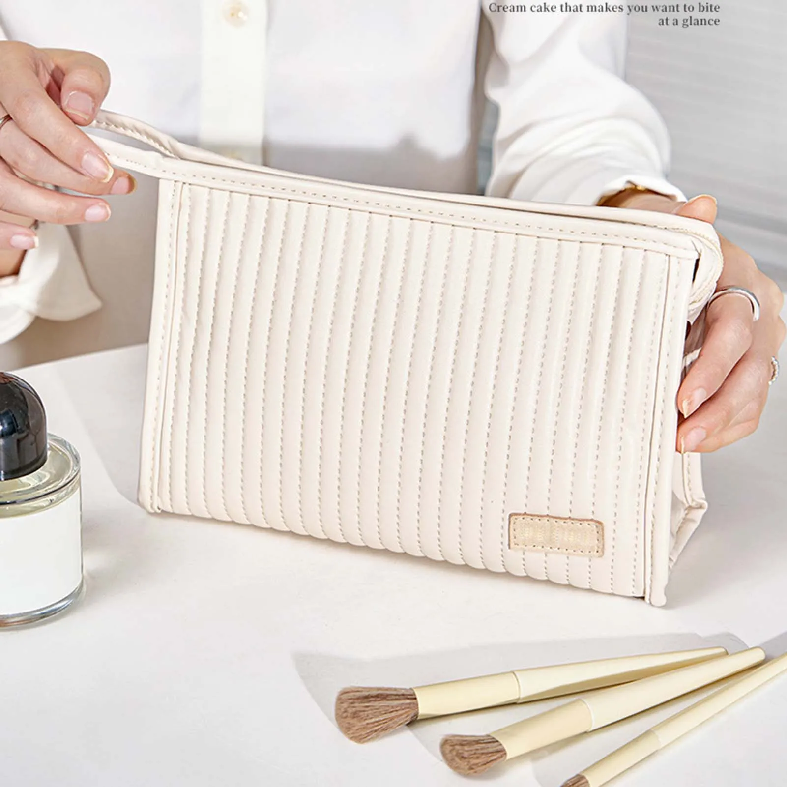 

Cream Color Briefcase Cosmetic Bag Portable Large Capacity Toiletry Bag Birthday Anniversary Gift