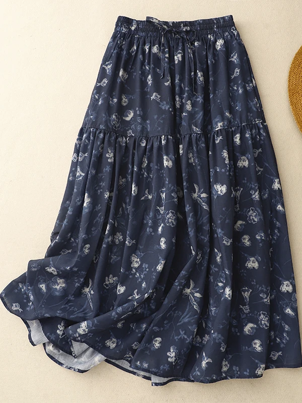 

Юбка с цветочным принтом в стиле ретро, женская летняя тонкая эластичная талия с поясом, утягивающая драпированная юбка-миди трапециевидной формы для поездок на работу