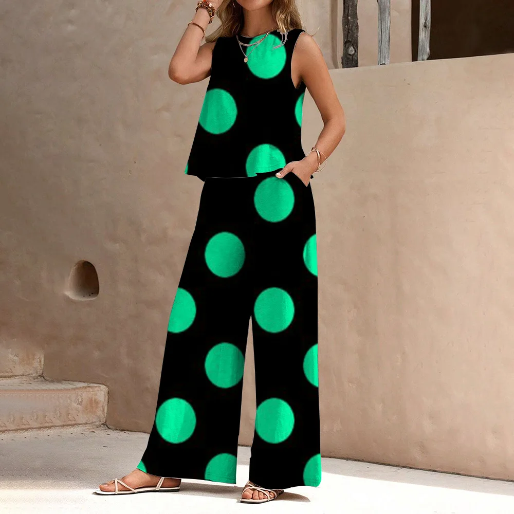 Summer Polka Dot Print Casual Pants Suit Crew Collar Sleeveless Vest Wide Leg Pants Suit Spring Summer Women 2024 New Model