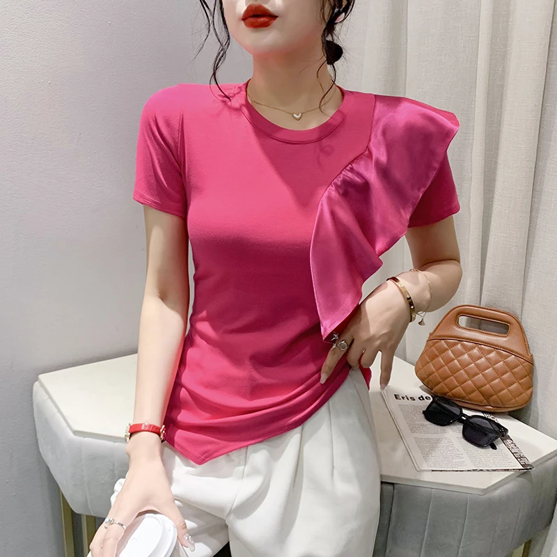

2023 Summer European Clothes T-Shirt Chic Sexy O-Neck Patchwork Ruffles Elegant Women's Tops Short Sleeve Irregular Tees 34125