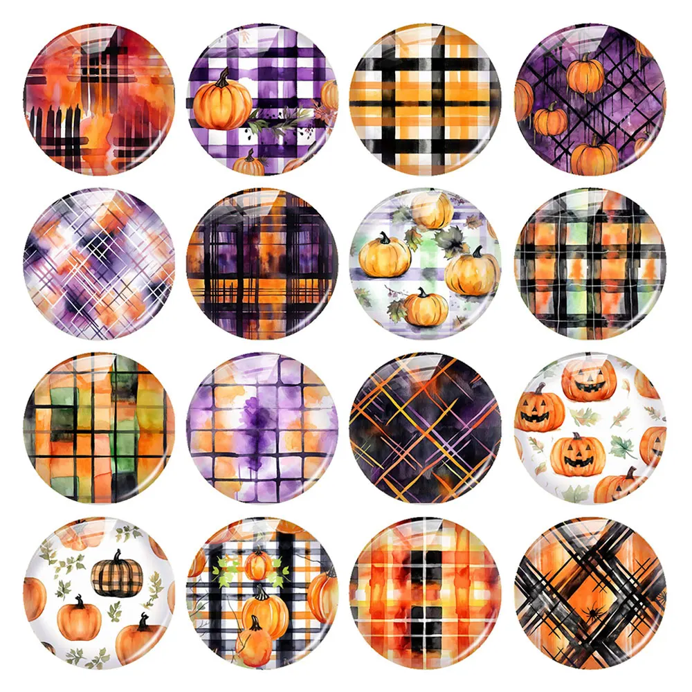 

Handmade Halloween Orange Purple Plaid Pumpkin Spider Photo Glass Cabochon Charms Flatback Demo Cameo For Diy Jewelry Making