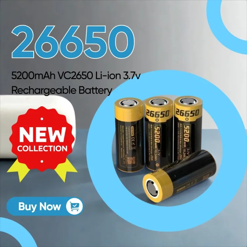 

26650 5200mAh VC2650 Li-ion 3.7v Rechargeable Battery 25A Discharge 3.6V for Flashlight Headlight Power Batteries