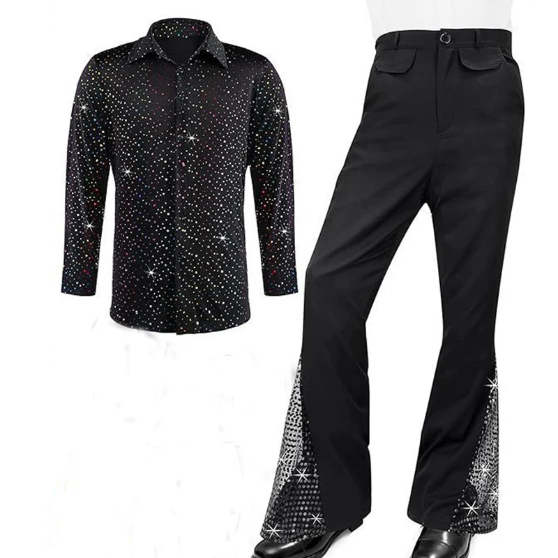 Spring Autumn Men's Costume Shiny Shirt And Flared Pants Two Piece Set Halloween Costume Adult Outfit Male Clothing