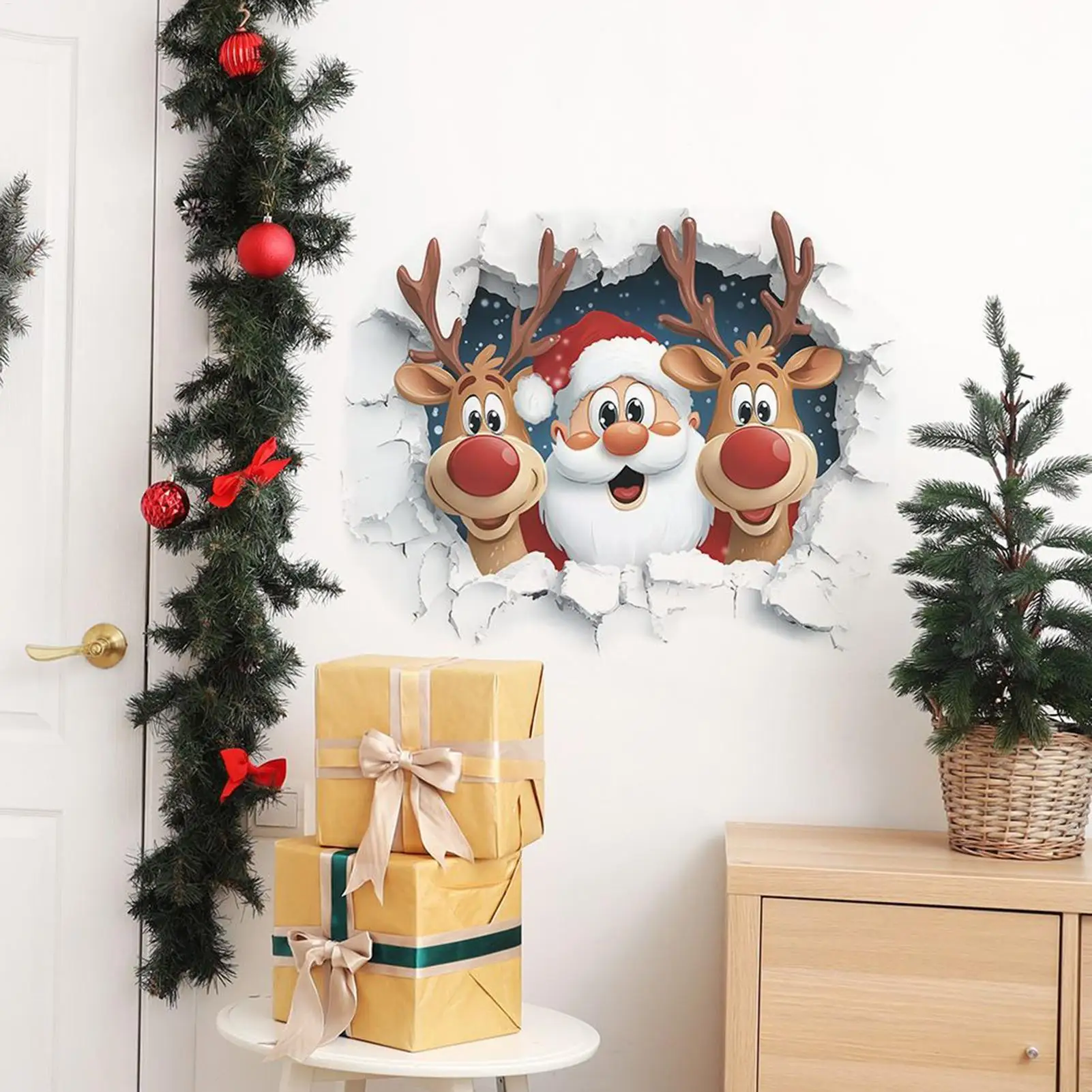 Weihnachtsmann-Wandaufkleber, abnehmbarer 3D-Effekt, Weihnachts-Cartoon-Aufkleber, Weihnachtsmann, Rentier, Wohnzimmer, Aufkleber für Wohnheim, Büro, Party