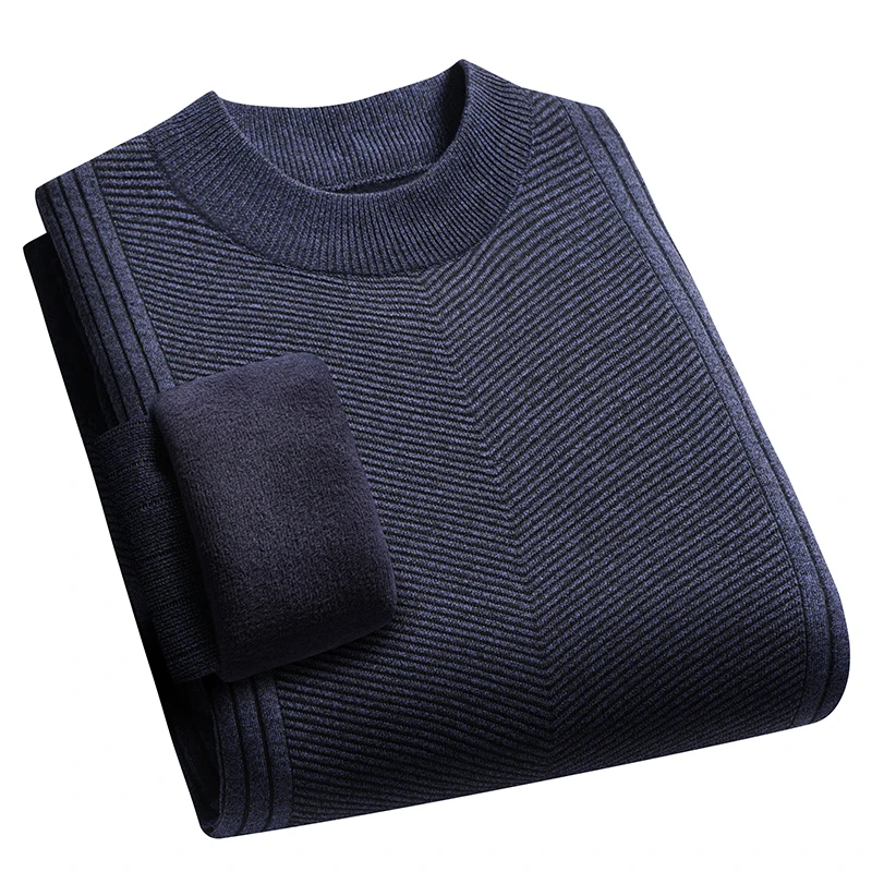 Sweater Mock Neck Pria Warna Solid Berlapis Fleece Sweater Musim Gugur Musim Dingin Pakaian Rajut Dasar Pria Pullover Rajut