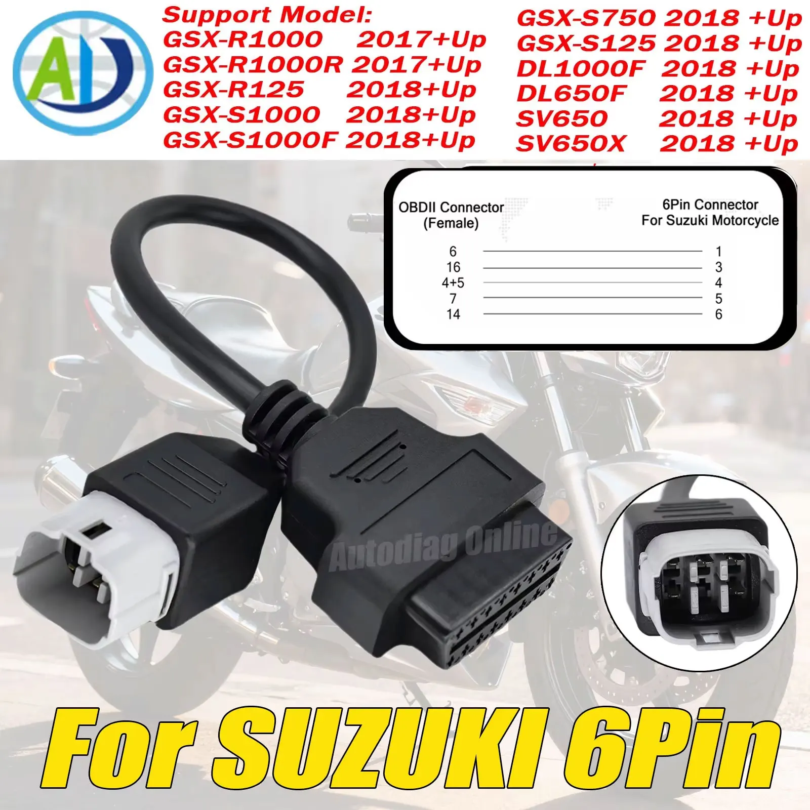 For SUZUKI Motorcycle OBDII Diagnostic Cable For GSX R1000/1000R/R125/S125/S1000,DL1000F,SV650 6Pin to 16Pin OBD2 Adapter Cable