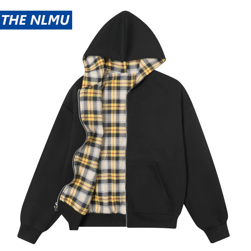 

2025 Autumn Reversible Jacket Coat Hip Hop Streetwear Hooded Jacket Men's Harajuku Outwear Vintage Clothing