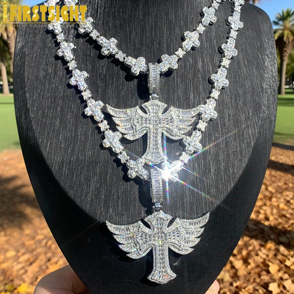 

New Iced Out Cross Angel Wing Necklace for Men Women Prong Setting Cubic Zirconia Silver Color Star Link Chain Hip Hop Jewelry