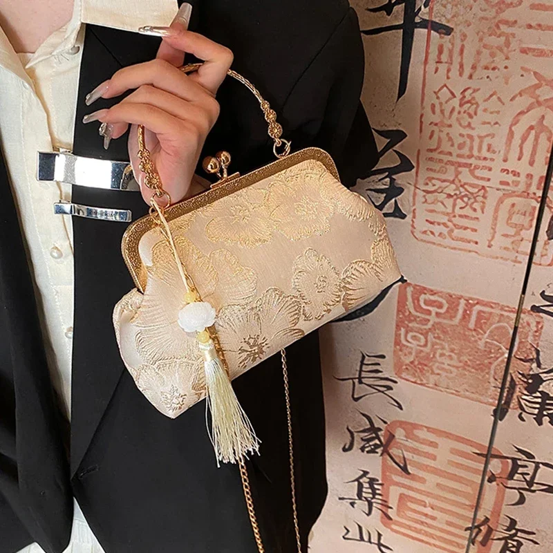 

Винтажный клатч через плечо с цветочным принтом для свадебного ужина, женская вечерняя сумка с зажимом в виде ракушки и цепочками на плечевых ремнях