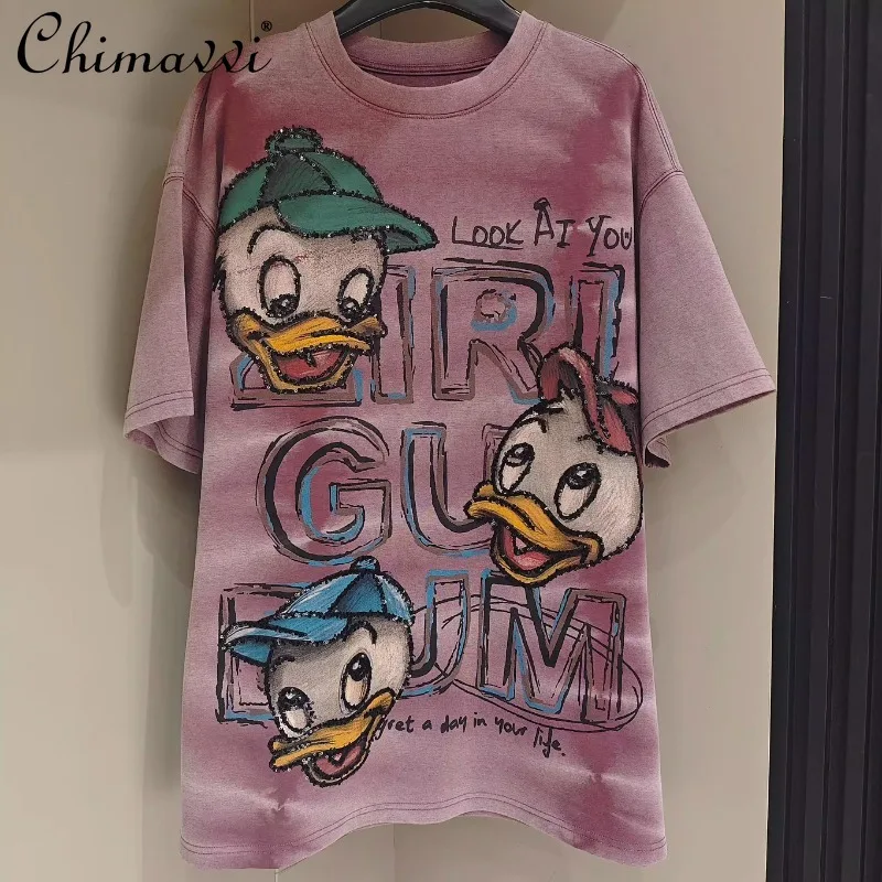 

European Goods Heavy Industry Sequins Cartoon Donald Duck Three Brothers Loose Casual Short Sleeve Niche Design T-shirt Women