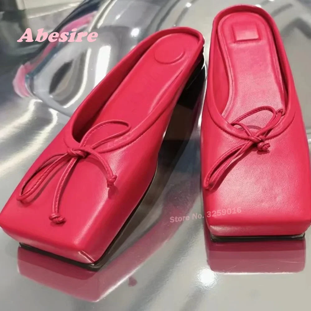 شبشب مسطح أحمر بمقدمة مربعة للنساء ، بغال جلد بعقدة فراشية ، حذاء أنيق أحادي اللون ، فاخر ، مثير ، جديد ، صيفي ،