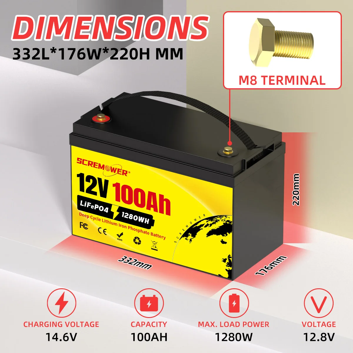 MOSEWORTH LiFePO4 12V 100Ah batterij 12,8V lithiumbatterij 8000+ cycli met Bluetooth BMS klasse A voor boot RV-campers