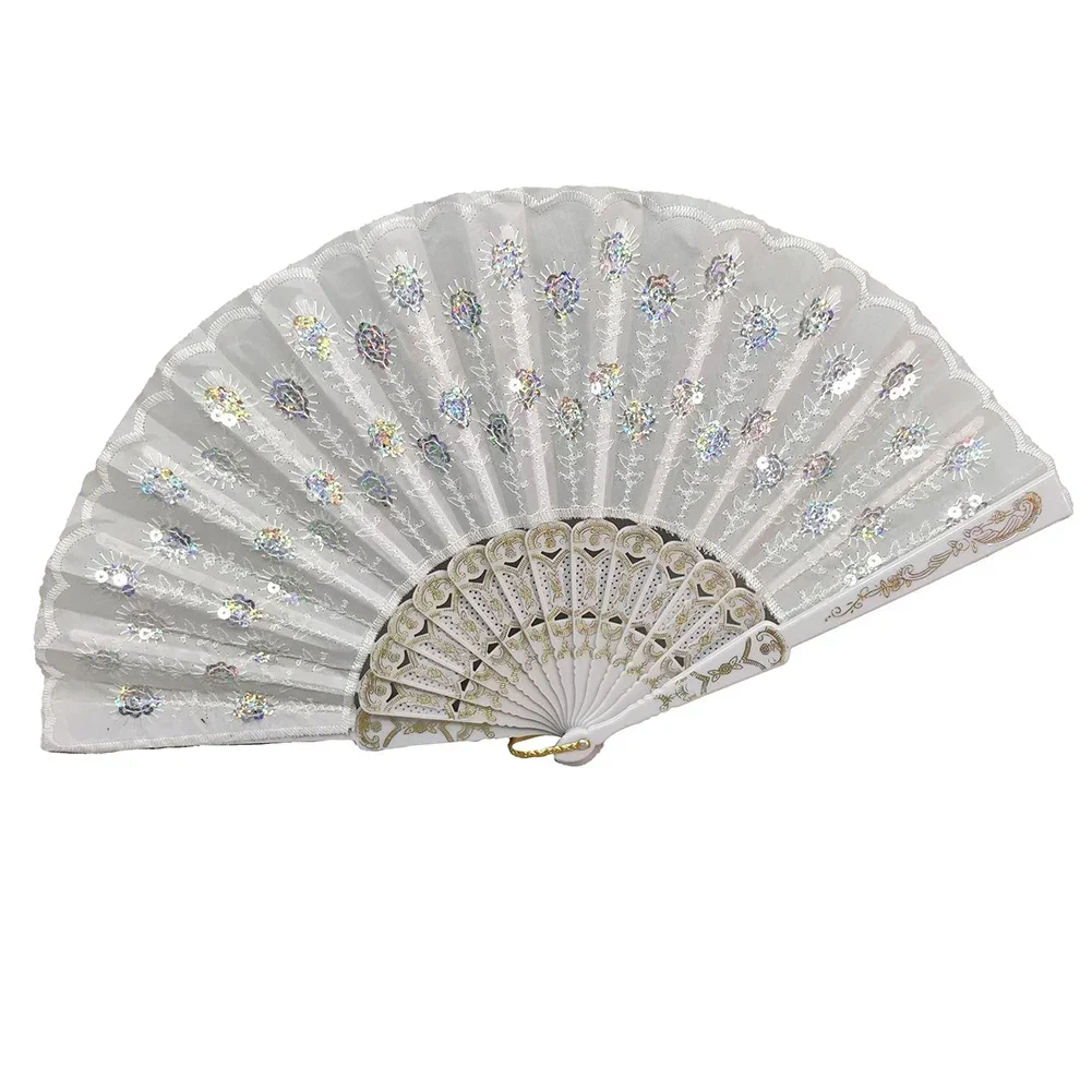 Multicolor Plastic Satin Silk Folding Fan, Hand Held Decoração, Estilo Espanhol, Novo Partido Chinês