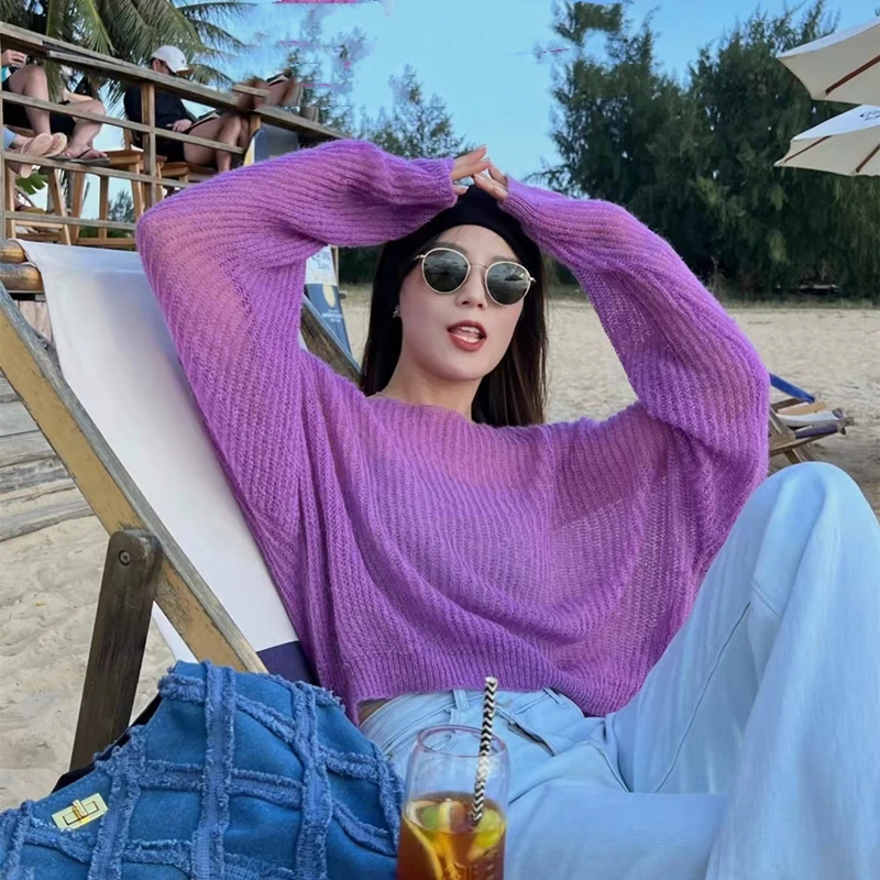 

Summer simple hollow out lightweight and slightly transparent long sleeved knitted sweater Spring new women's pullover