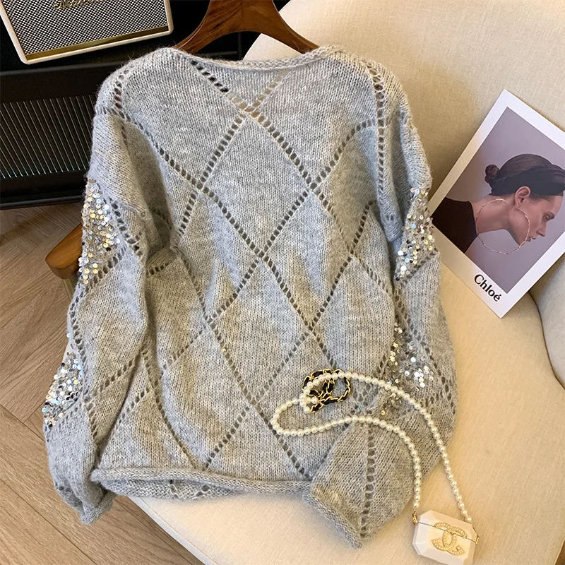 امرأة جوفاء محبوك سترة الترتر الصلبة بريق الحياكة بلوزة طويلة الأكمام البلوز البلوزات الإناث سيدة نادي الشاطئ الزي