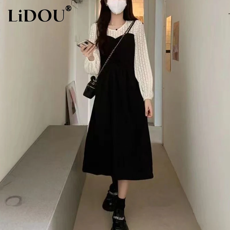 2022 Autumn Oversized Elegant Fashion Lace Patchwork Dress Ladies Long Sleeve Sweet Midi Dress Women Korean Style Robe Vestidos