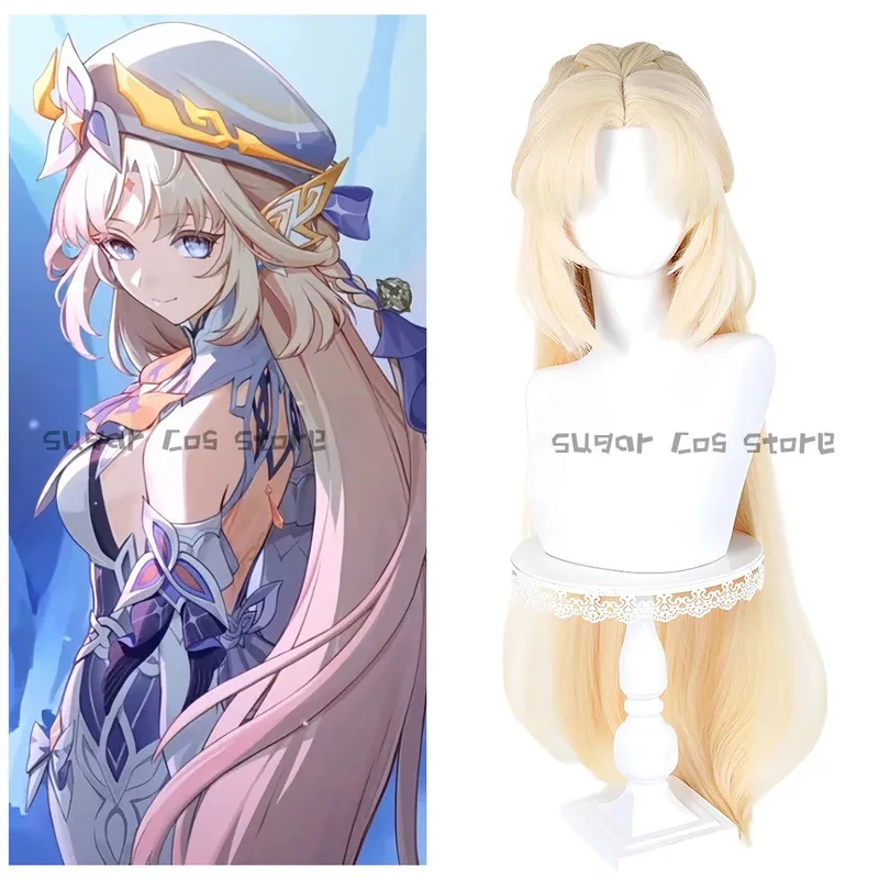 Lqgame genshin impacto nicole reeyn peruca cosplay prop longo quente ouro com cabelo de síntese azul festa de carnaval de halloween para mulher m
